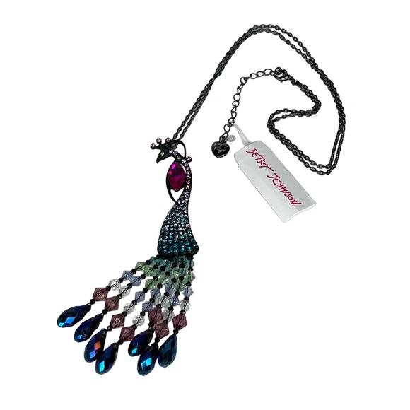 NEW Betsey Johnson PEACOCK BIRD NECKLACE Statement Stone Bejeweled Tassels - Picture 1 of 7